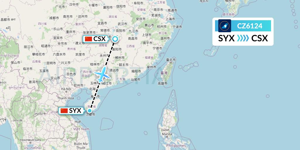 CZ6124 China Southern Airlines Flight Map: Sanya to Changsha