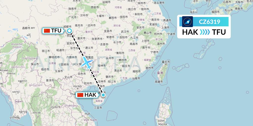 CZ6319 China Southern Airlines Flight Map: Haikou to Chengdu