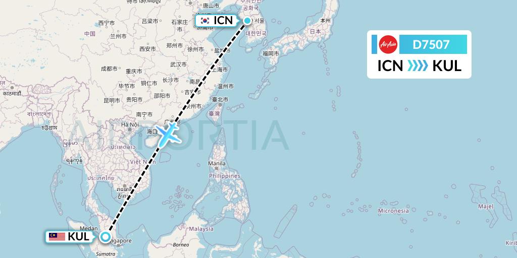 D7507 AirAsia X Flight Map: Seoul to Kuala Lumpur