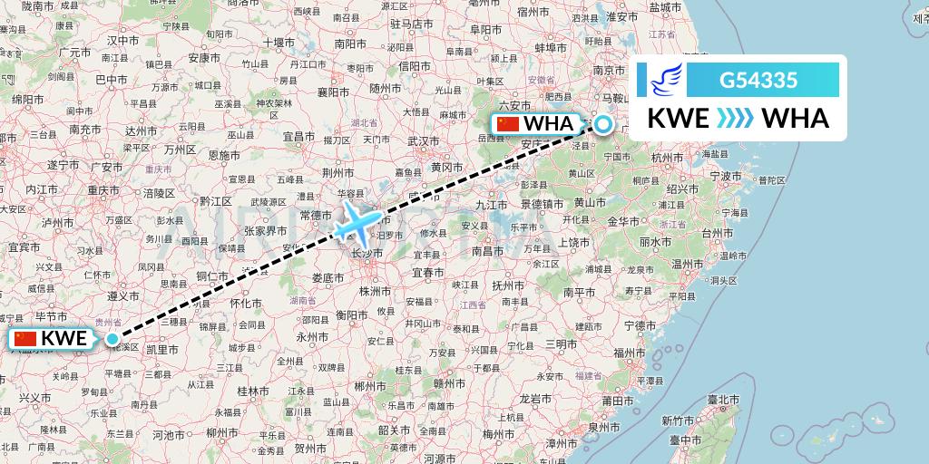 G54335 China Express Airlines Flight Map: Guiyang to Wuhu