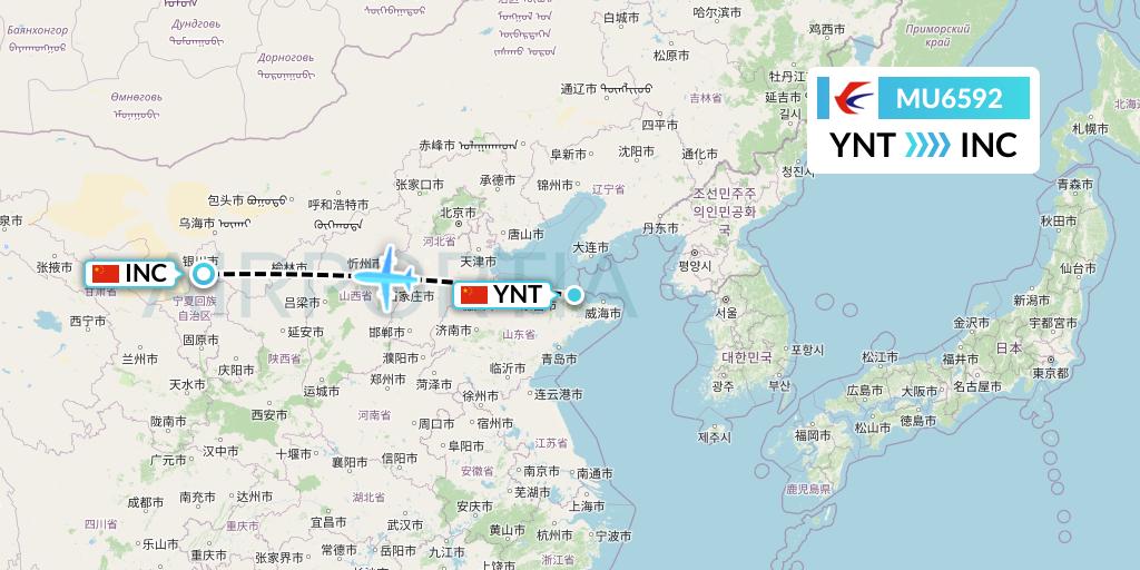 MU6592 China Eastern Airlines Flight Map: Yantai to Yinchuan
