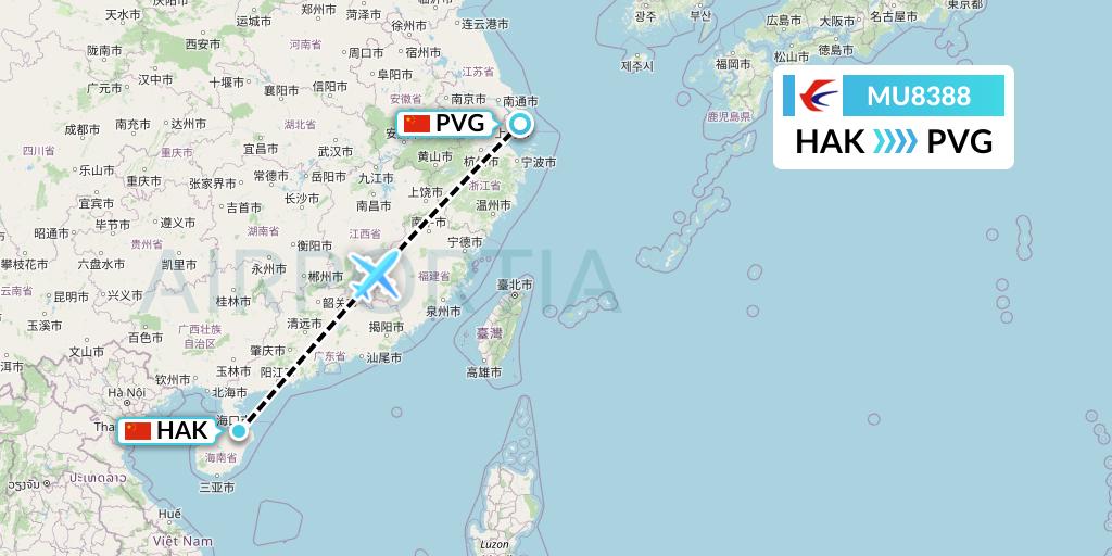 MU8388 China Eastern Airlines Flight Map: Haikou to Shanghai