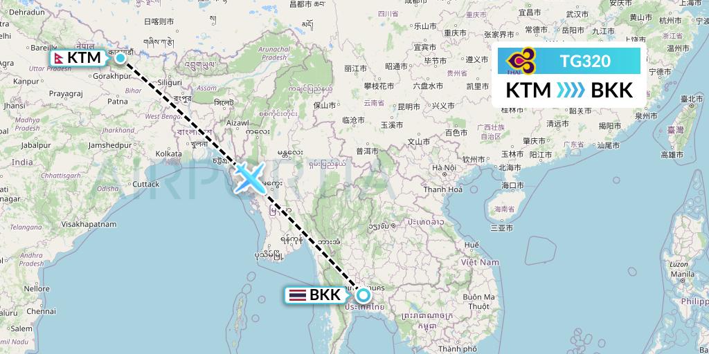 TG320 Thai Airways Flight Map: Kathmandu to Bangkok
