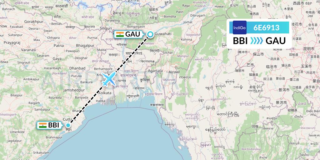 6E6913 IndiGo Airlines Flight Map: Bhubaneswar to Guwahati