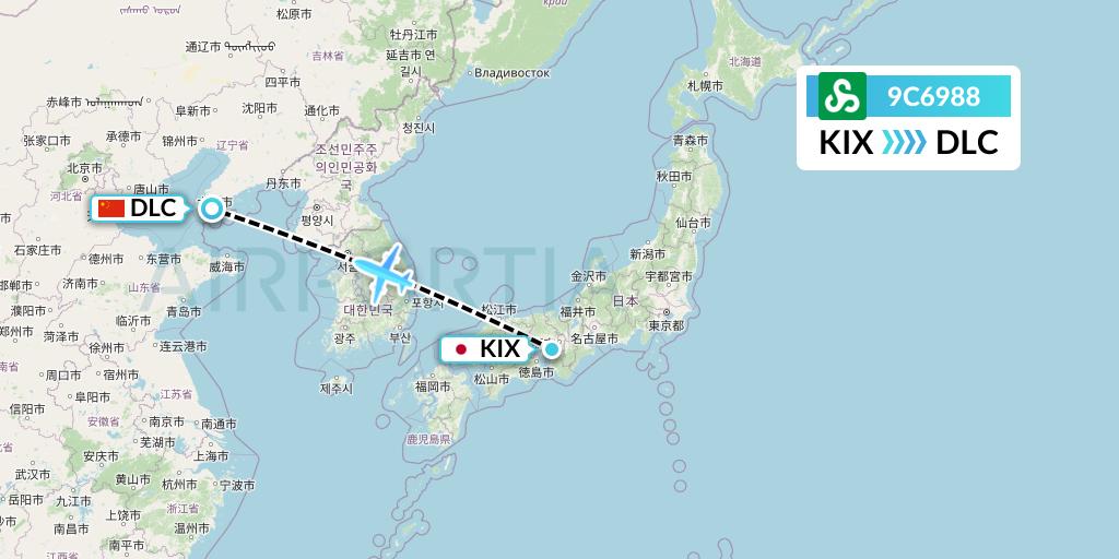 9C6988 Spring Airlines Flight Map: Osaka to Dalian
