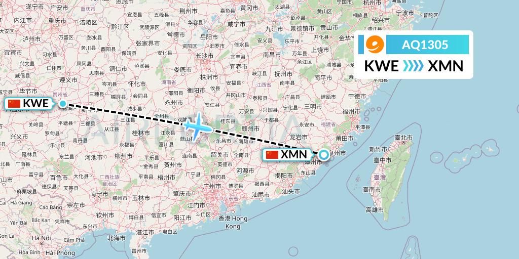 AQ1305 9 Air Flight Map: Guiyang to Xiamen