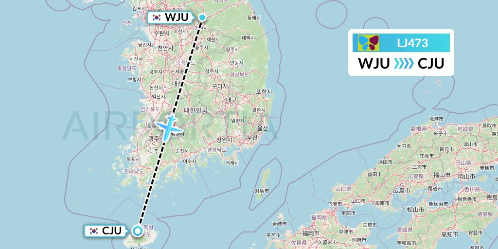 LJ473 Jin Air Flight Map: Wonju to Jeju