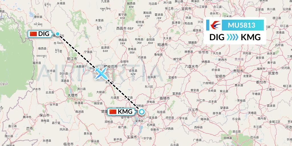 MU5813 China Eastern Airlines Flight Map: Shangri-La to Kunming