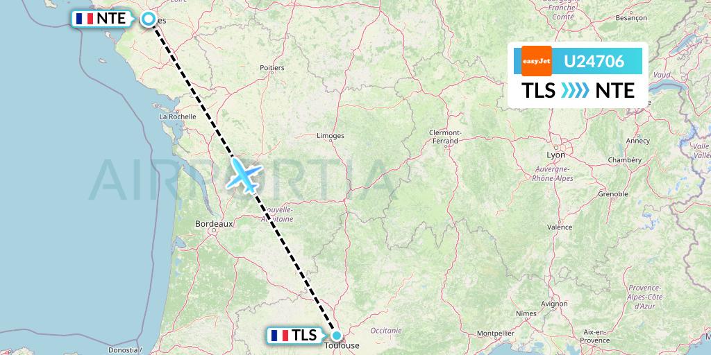 U24706 EasyJet Flight Map: Toulouse to Nantes