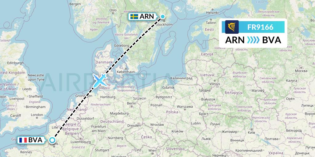 FR9166 Ryanair Flight Map: Stockholm to Paris