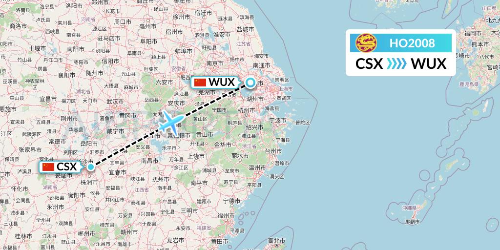 HO2008 Juneyao Airlines Flight Map: Changsha to Wuxi