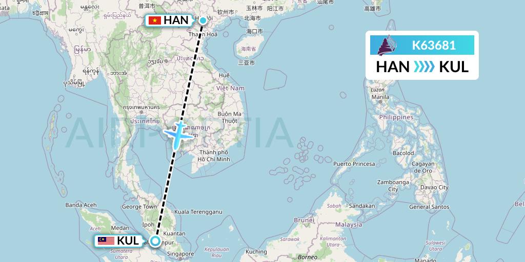 K63681 Cambodia Angkor Air Flight Map: Hanoi to Kuala Lumpur