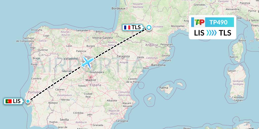 TP490 TAP Portugal Flight Map: Lisbon to Toulouse