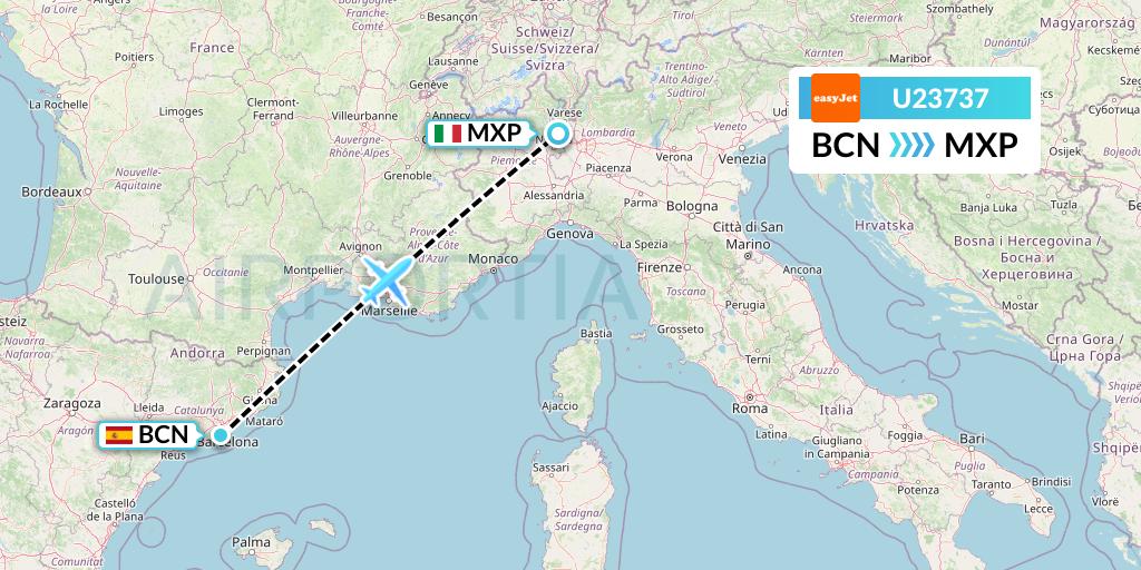 U23737 EasyJet Flight Map: Barcelona to Milan