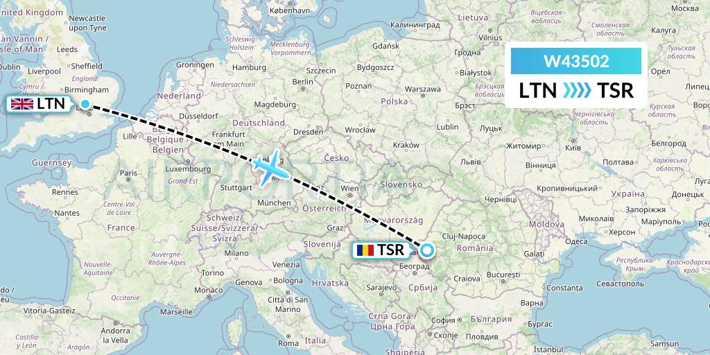 W43502 Wizz Air Malta Flight Map: London to Timisoara