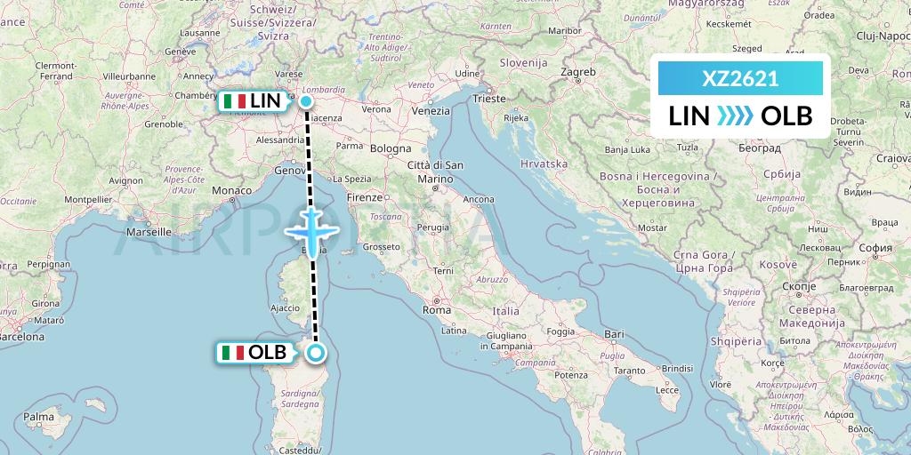 XZ2621 Aeroitalia Flight Map: Milan to Olbia
