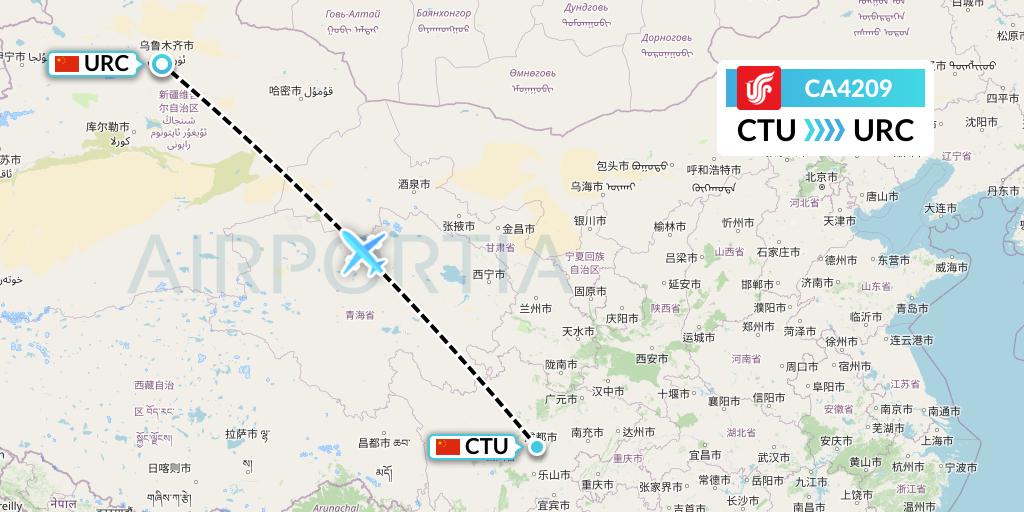 CA4209 Air China Flight Map: Chengdu to Urumqi