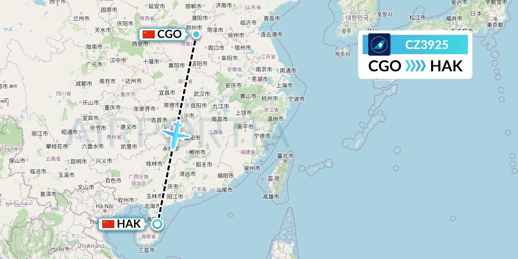 CZ3925 China Southern Airlines Flight Map: Zhengzhou to Haikou