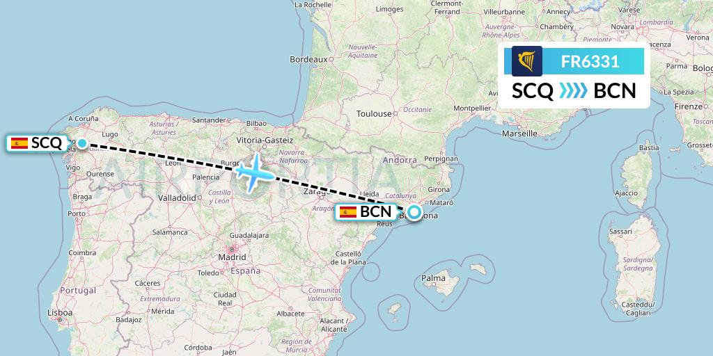 FR6331 Ryanair Flight Map: Santiago to Barcelona