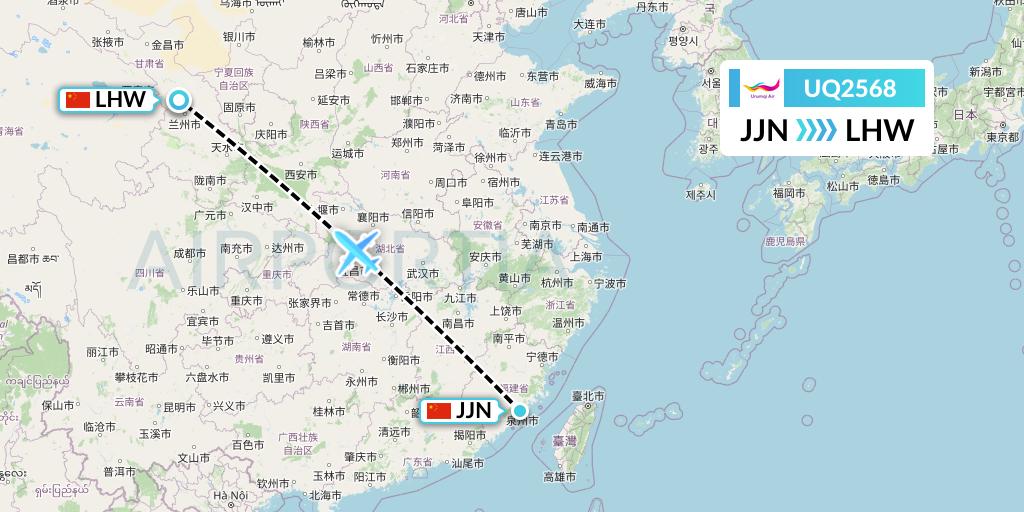 UQ2568 Urumqi Airlines Flight Map: Jinjiang to Lanzhou