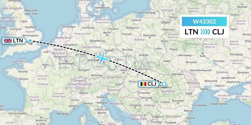 W43302 Wizz Air Malta Flight Map: London to Cluj-Napoca