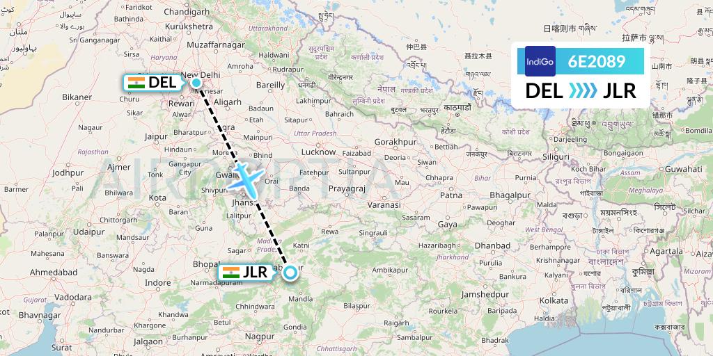 6E2089 IndiGo Airlines Flight Map: Delhi to Jabalpur