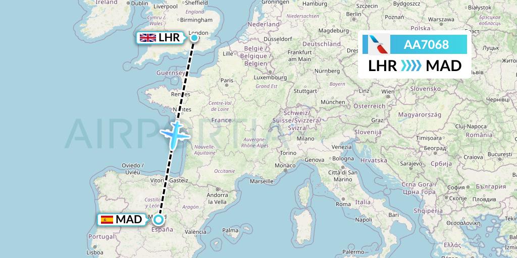 AA7068 American Airlines Flight Map: London to Madrid