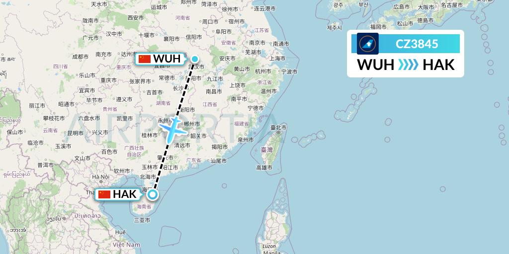 CZ3845 China Southern Airlines Flight Map: Wuhan to Haikou