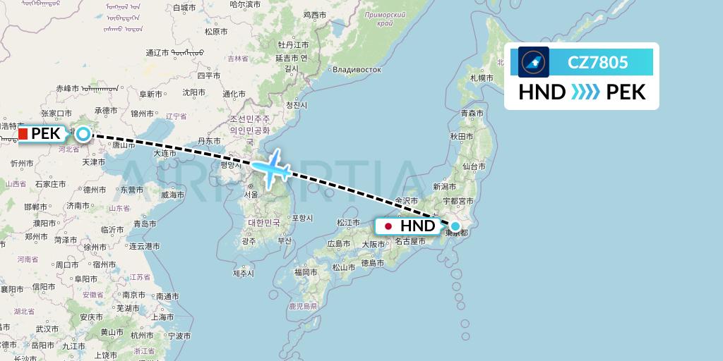 CZ7805 China Southern Airlines Flight Map: Tokyo to Beijing