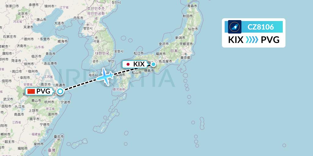 CZ8106 China Southern Airlines Flight Map: Osaka to Shanghai