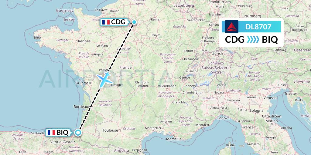 DL8707 Delta Air Lines Flight Map: Paris to Biarritz