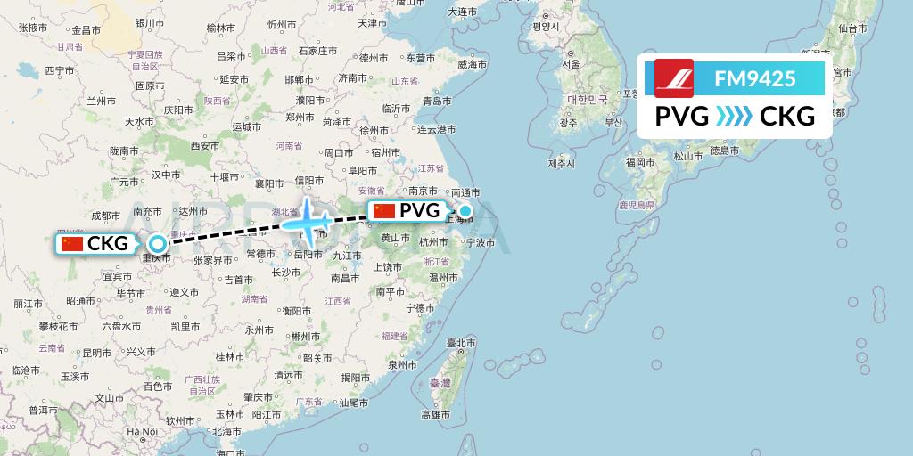 FM9425 Shanghai Airlines Flight Map: Shanghai to Chongqing