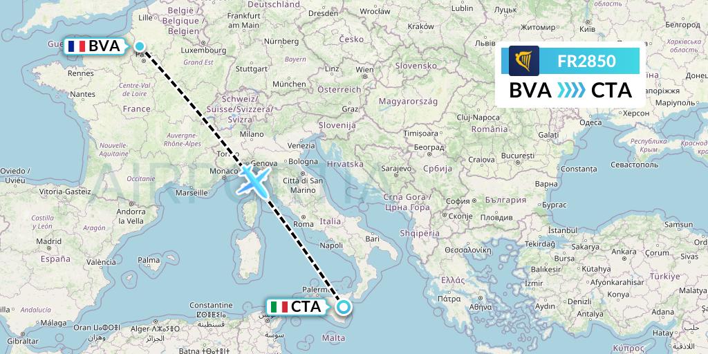 FR2850 Ryanair Flight Map: Paris to Catania
