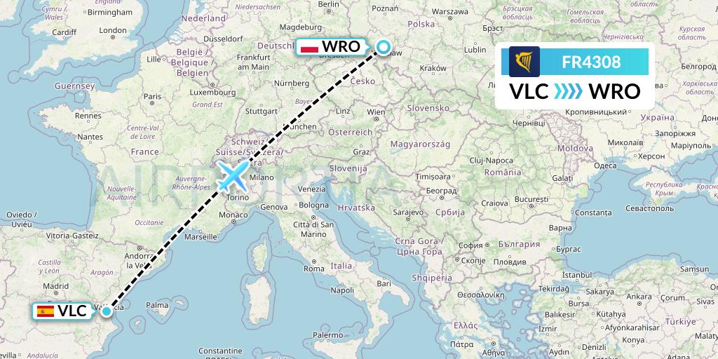 FR4308 Ryanair Flight Map: Valencia to Wroclaw