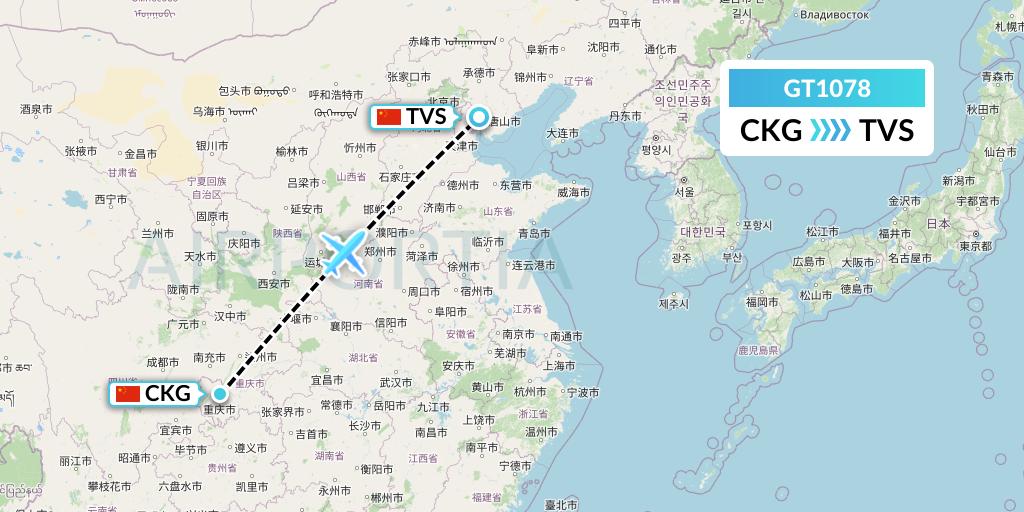 GT1078 Air Guilin Flight Map: Chongqing to Tangshan