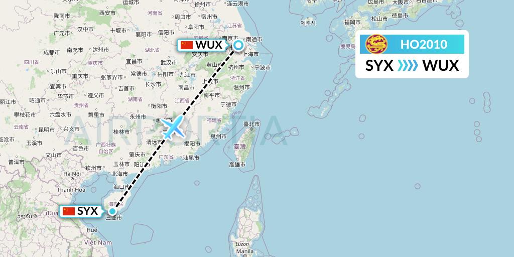HO2010 Juneyao Airlines Flight Map: Sanya to Wuxi