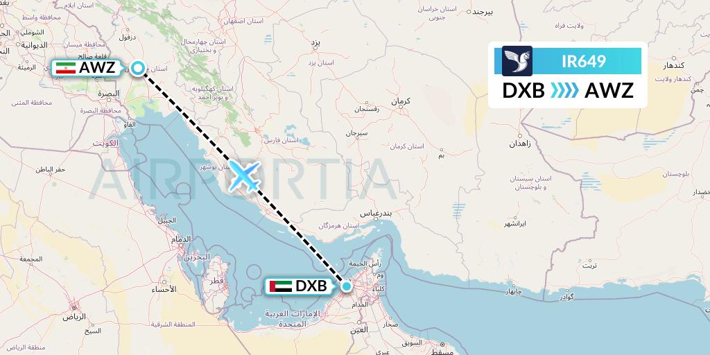 IR649 Iran Air Flight Map: Dubai to Ahvaz