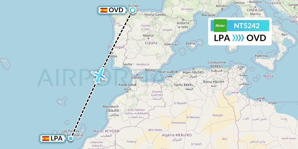 NT5242 Binter Canarias Flight Map: Las Palmas to Asturias
