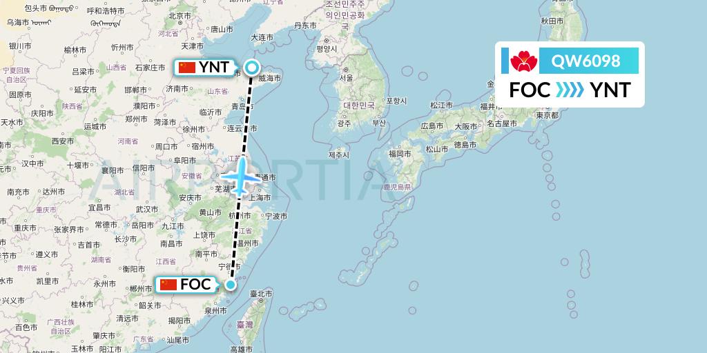 QW6098 Qingdao Airlines Flight Map: Fuzhou to Yantai
