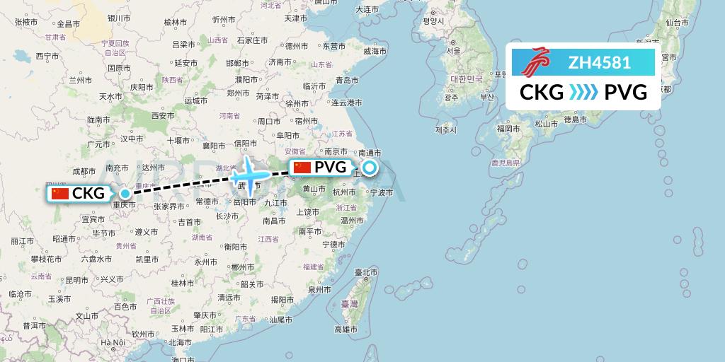 ZH4581 Shenzhen Airlines Flight Map: Chongqing to Shanghai