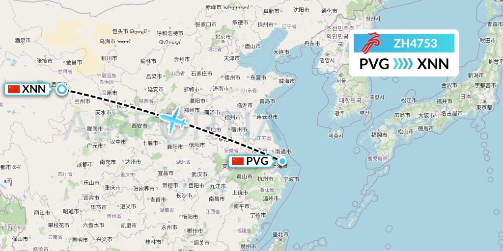 ZH4753 Shenzhen Airlines Flight Map: Shanghai to Xining