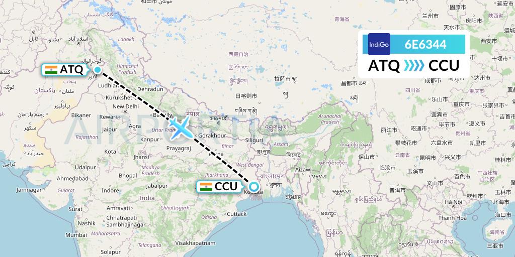 6E6344 IndiGo Airlines Flight Map: Amritsar to Kolkata