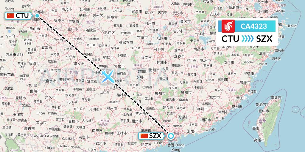 CA4323 Air China Flight Map: Chengdu to Shenzhen