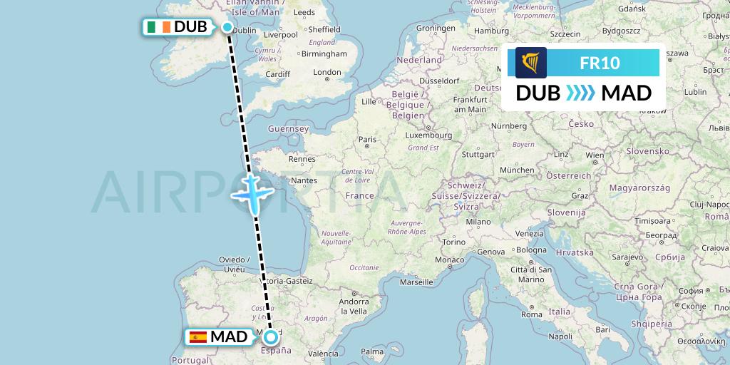 FR10 Ryanair Flight Map: Dublin to Madrid