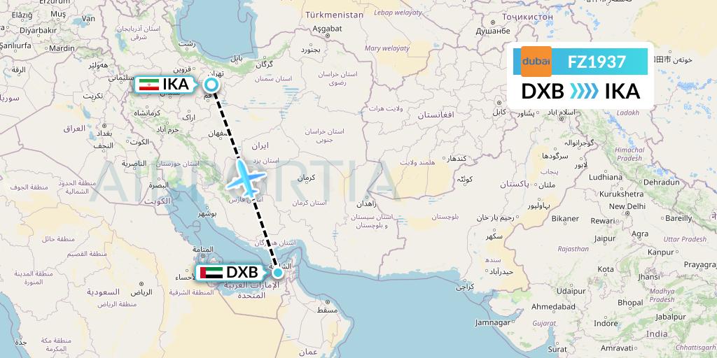 FZ1937 FlyDubai Flight Map: Dubai to Tehran