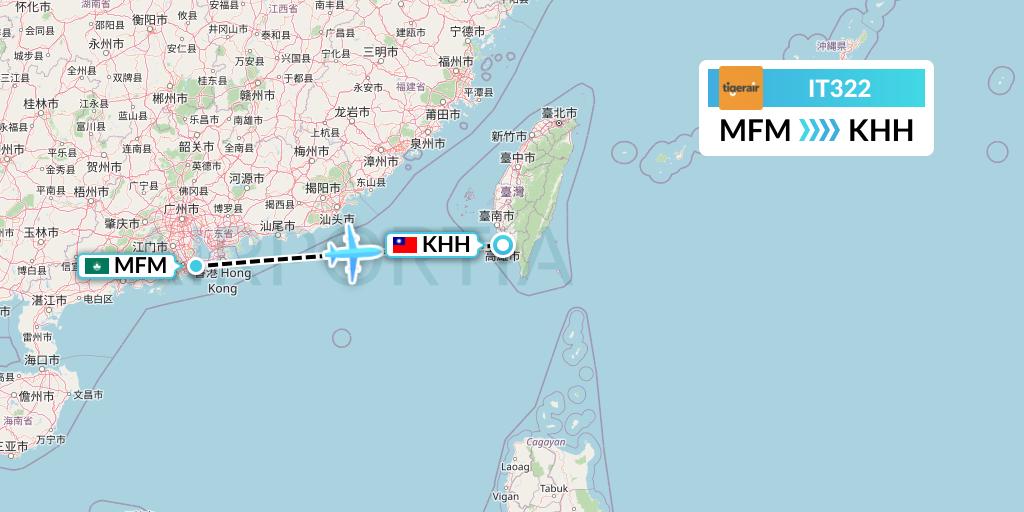 IT322 Tigerair Taiwan Flight Map: Macau to Kaohsiung