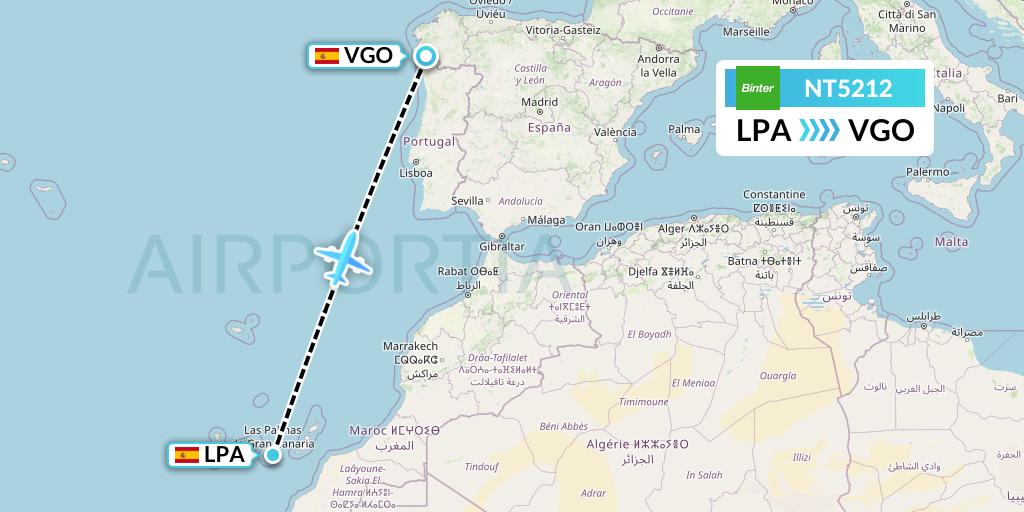 NT5212 Binter Canarias Flight Map: Las Palmas to Vigo