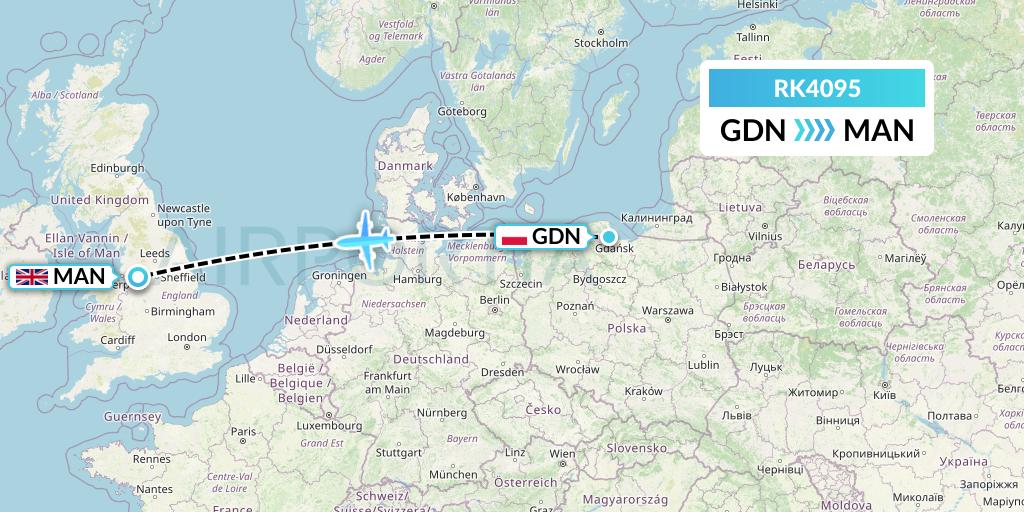 RK4095 Ryanair UK Flight Map: Gdansk to Manchester