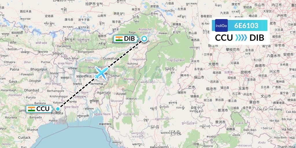 6E6103 IndiGo Airlines Flight Map: Kolkata to Dibrugarh