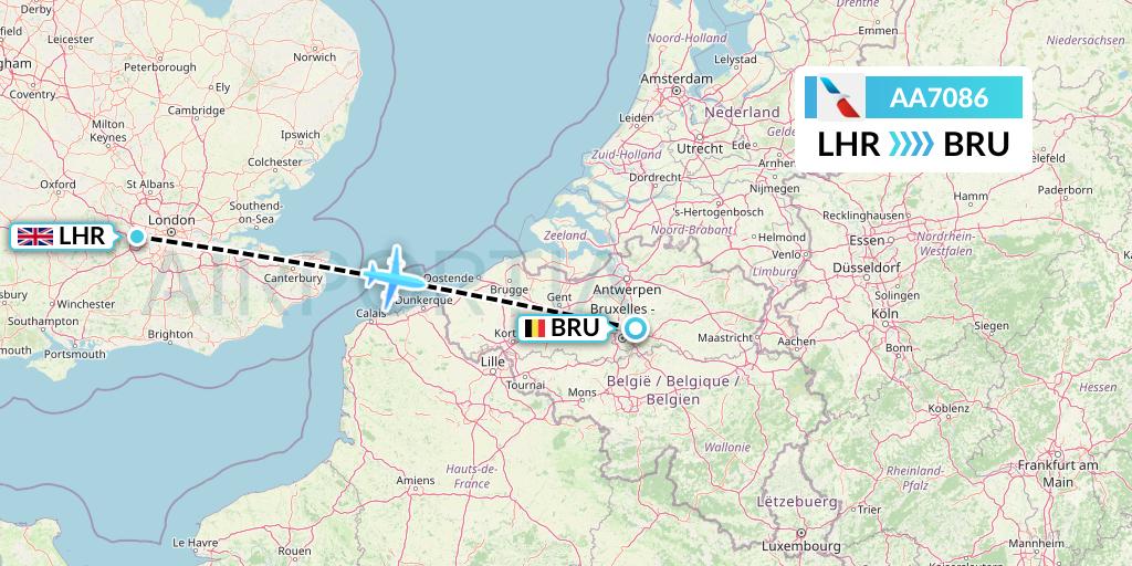 AA7086 American Airlines Flight Map: London to Brussels